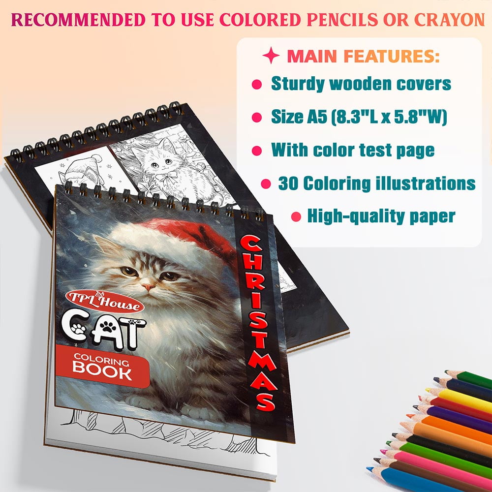Netecom Christmas Cat Coloring Book Spiral Bound for Adults, A5 Wooden Cover, 30 Festive Coloring Pages of Adorable Cats Celebrating the Holiday Season for Stress Relief