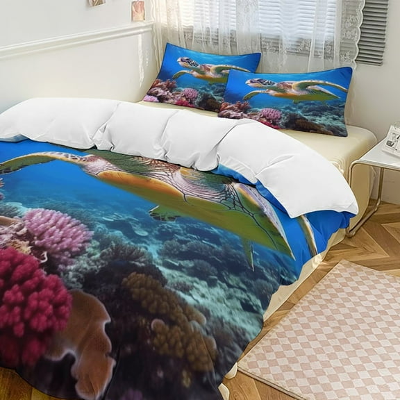 Nautical Green Sea Turtles 3 Pieces Duvet Cover with Zipper Closure,Premium Polyester Lightweight Bedding Set