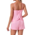 thumbnail image 3 of INSPIRE CHIC Women's Pajama Sets Satin Curved Crisscross Back Cami Spaghetti Strap Cowl Neck Silky Split Shorts Set L Pink, 3 of 6