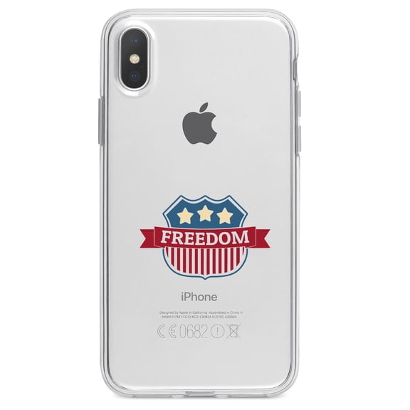 DistinctInk Clear Shockproof Hybrid Case for iPhone XR (6.1" Screen) - TPU Bumper Acrylic Back Tempered Glass Screen Protector - USA Freedom Badge Red White & Blue