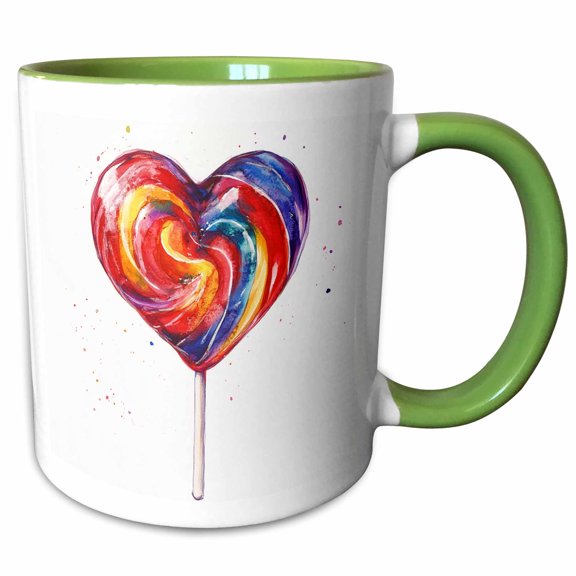 3drose, Cute and Colorful Valentine Days Heart Sucker Illustration, 11oz Two-tone Green Mug