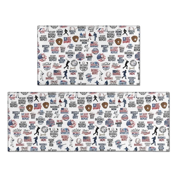 Baseballs and Quotes White Anti Fatigue Kitchen Rugs Set Of 2, Non Slip Washable Decorative Floor Mats for Kitchen Sink Laundry, 17"x30" and 17"x47"