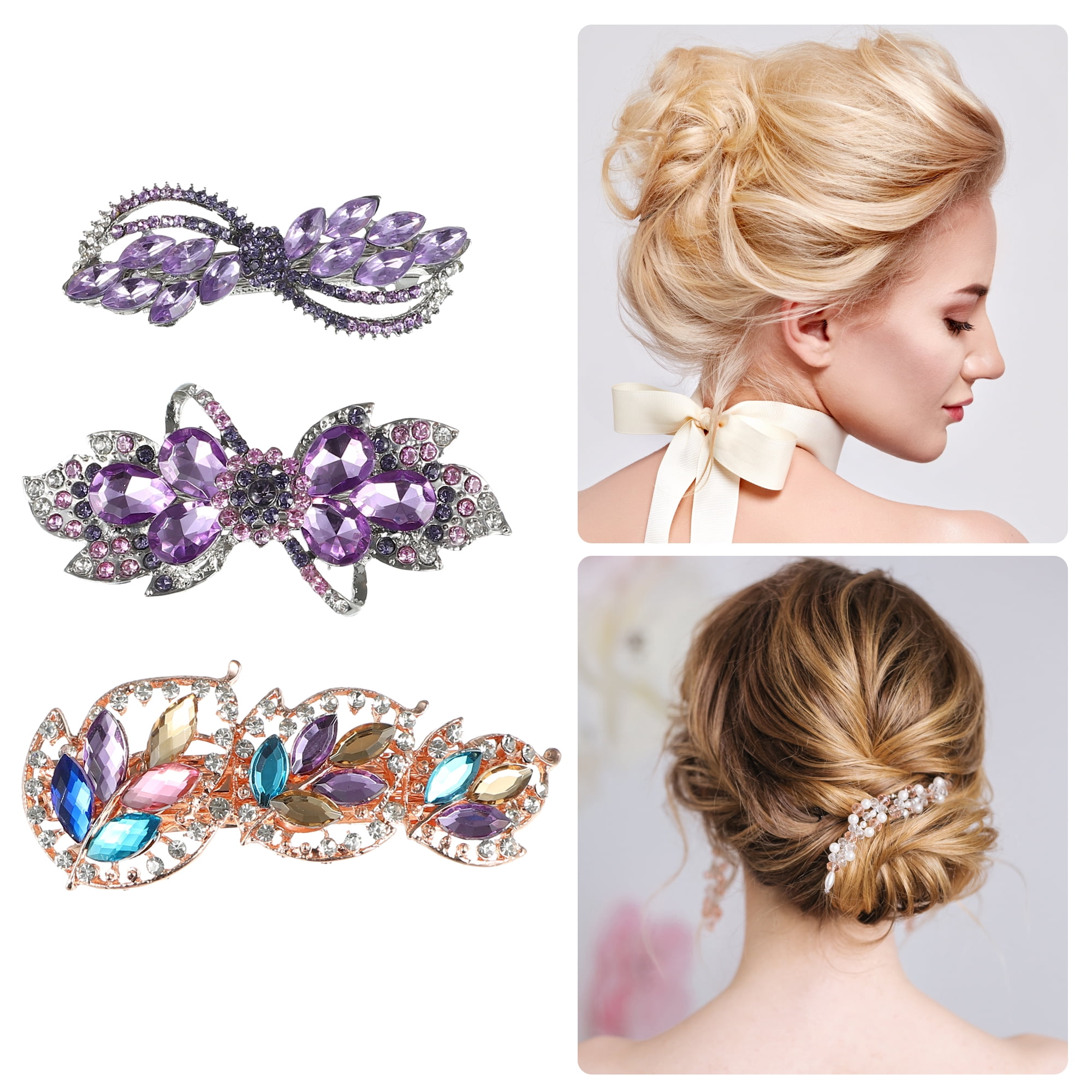 Unique Bargains 3Pcs Hair Barrettes Faux Crystal Flower Butterfly Flower Shape for Women's