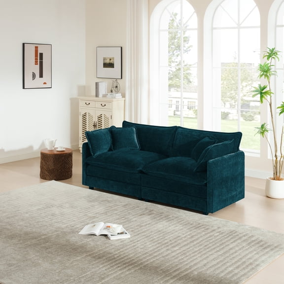 Modern Fabric Loveseat Sofa Couch for Living Room, Upholstered Large Size Deep Seat 2-Seat Sofa with 4 Pillows ,Blue Chenille