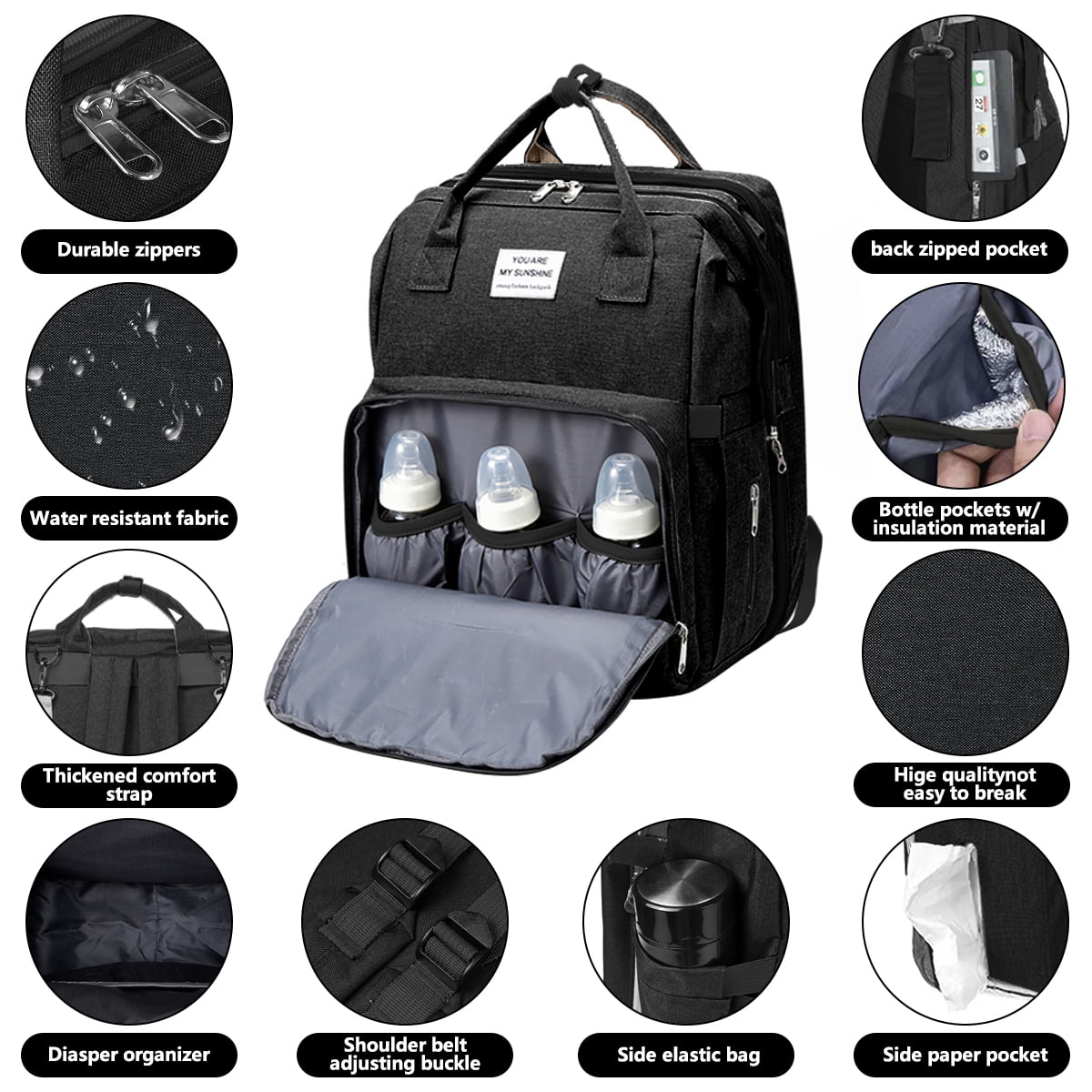 Caveen Waterproof Multifunctional Diaper Bag with Changing Pad, Black