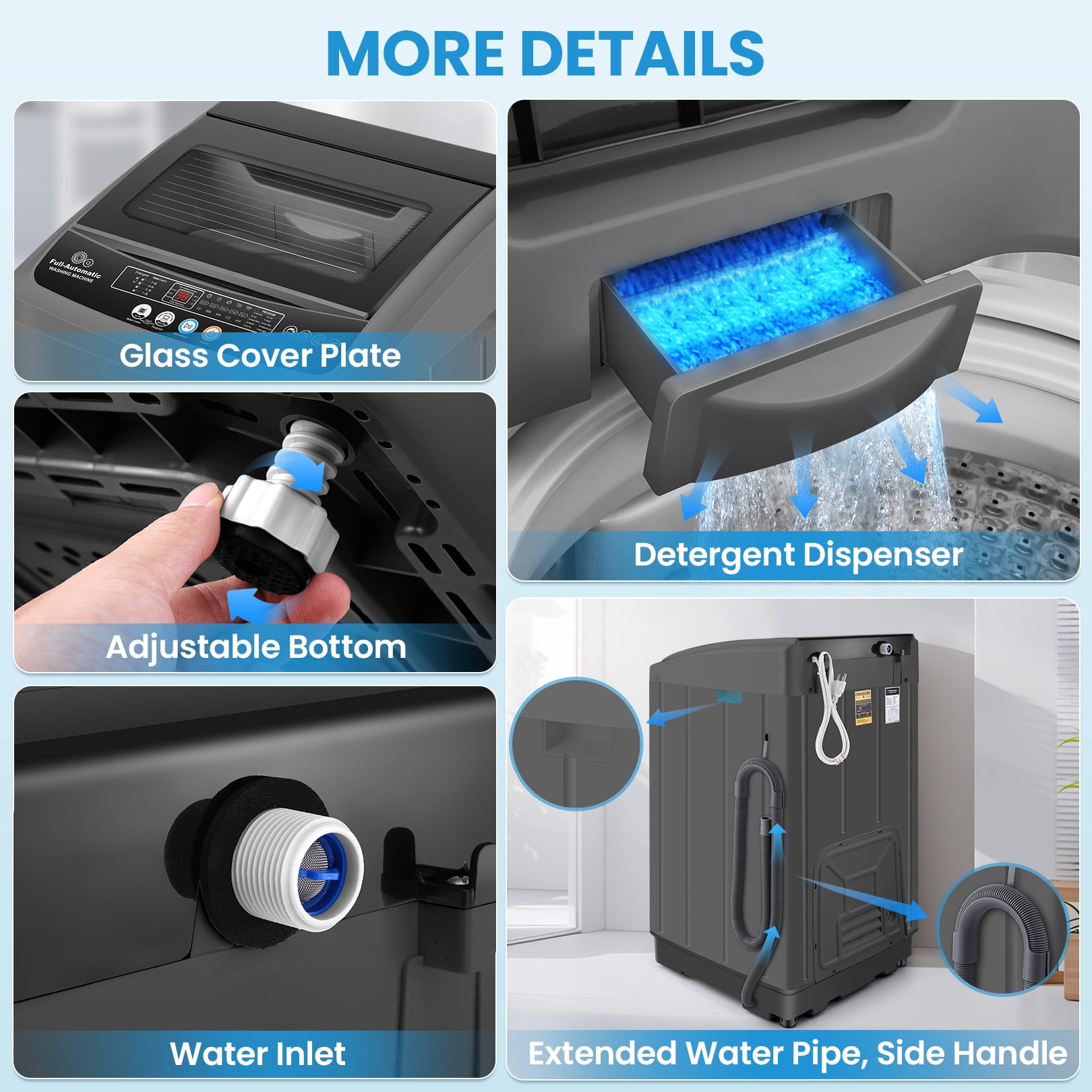 Veeboto Portable Washing Machine, 20LBS Full Automatic Washer Machine with Drain Pump, 10 Programs & 8 Water Levels for Dorm, Apartment, Home, Grey