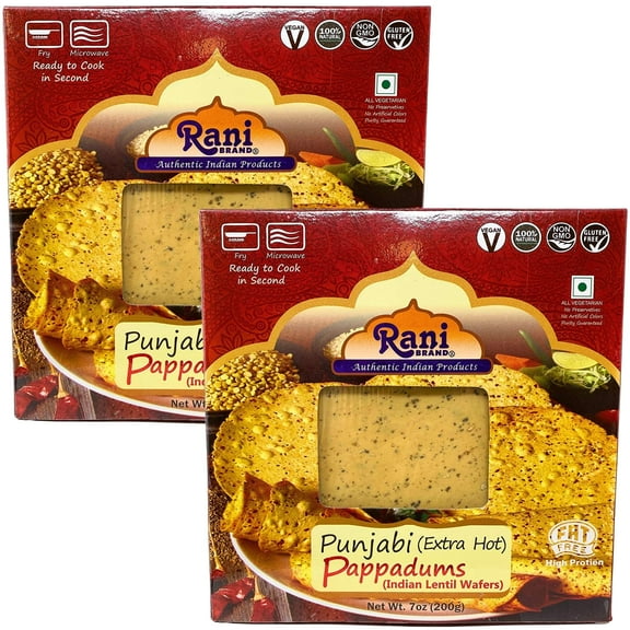 Rani Pappadums (Indian Lentil Wafer Snack) Punjabi Papad - Extra Hot, 7oz (200g) Approximately 15pc, 7 inches, Pack of 2 ~ All Natural | Gluten Friendly | NON-GMO | Vegan | Indian Origin