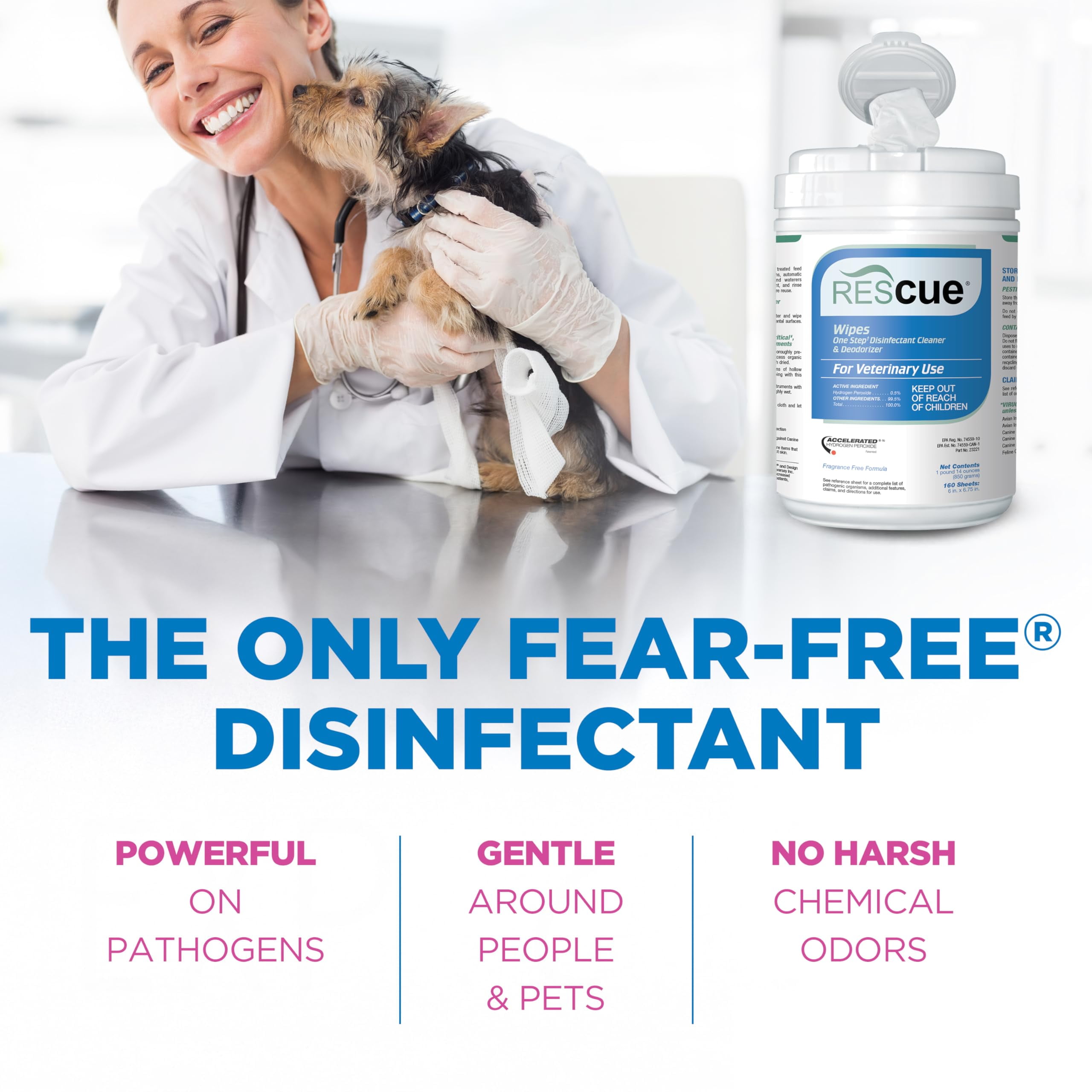 REScue One-Step Disinfectant Cleaner & Deodorizer Wipes for Vet Use â€“ Cleaner for Kennels, Litter Boxes & More â€“ 160-Wipes, 1 Canister (Pack of 1)