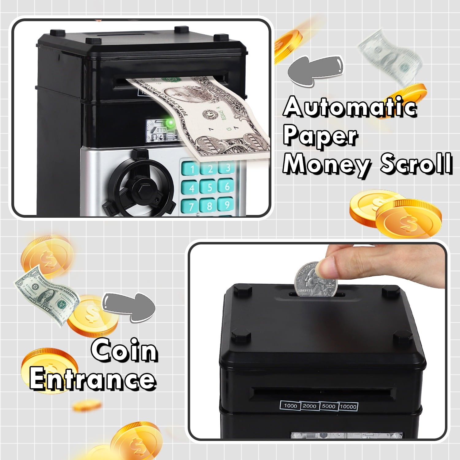 Piggy Bank for Kids Girls Boys, Large Electronic Money Saving Box with Password Protection, Automatic Paper Money Scroll - Black