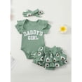thumbnail image 4 of BemeyourBBs Newborn Baby Girls Summer Clothes Baby Girls Daddy's Girl Outfit 0 3 6 12 18 Months Letters Print Short Sleeve Ribbed Romper Floral Ruffled Shorts Set Hairband, 4 of 9
