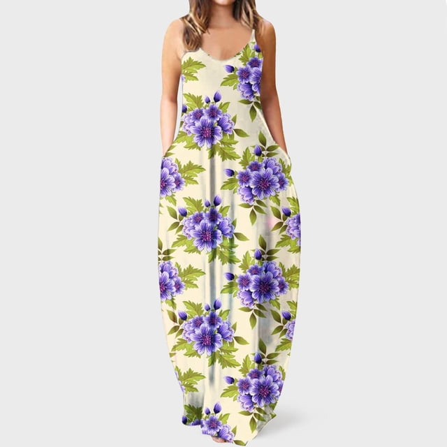 Lenago Robe Sans Manches Grande Taille pour Femmes Mode Taille Mi-Haute Col en V Rayures Imprimé Floral Robe Longue de Plage Été en Solde