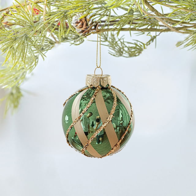 xihome Adorno navideño de bola verde brillante de 3,14 pulgadas con acabado perlado y baño de polvo dorado, pintado a mano. Decoracin para rbol.
