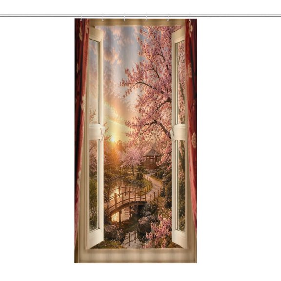 RKSupls Waterproof Shower Curtain, Cherry Blossom Garden Window View Polyester Shower Curtain with Hooks for Chic Elegant Home Bathtub Bathroom Decor Washable