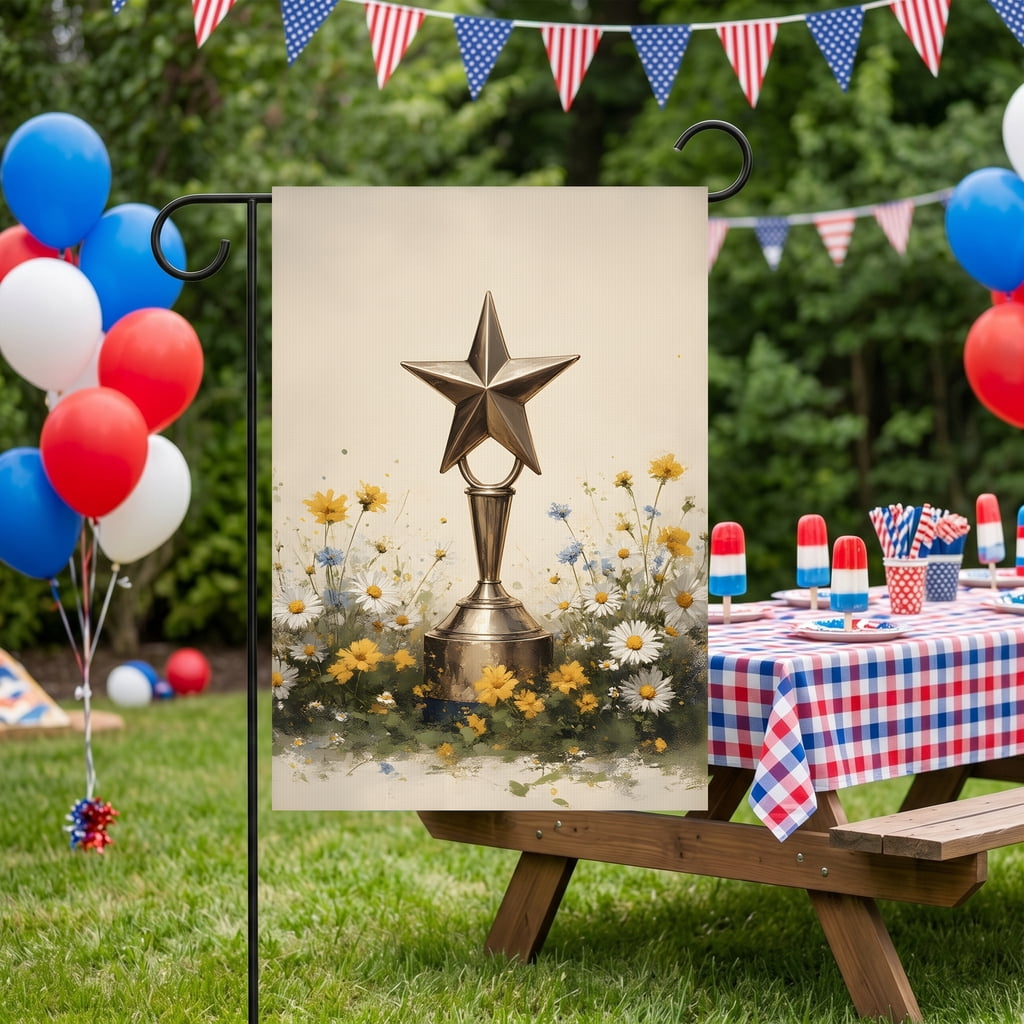 4th of july garden flag A gold star trophy surrounded by daisies in a field. - independence day flag Large 28x40 Inch Decor Size americana home decor