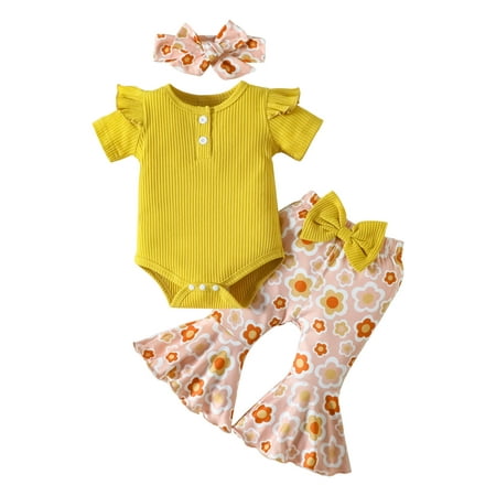

Baby Girls Outfits Cute Romper and Pants Set With Hairband 12-18 Months Toddler Kids Baby Girls Fashion Cute Sweet Flower Print Ruffles Flared Pants Hairband Suit