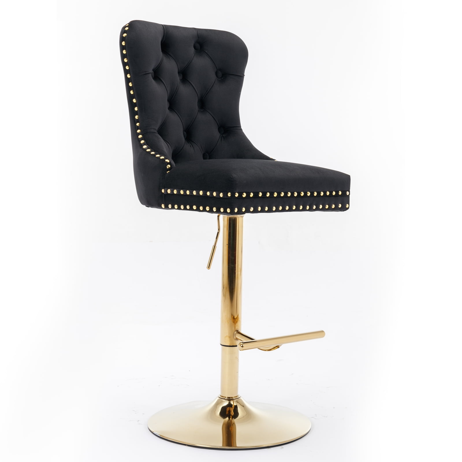 Yoneston Bar Stools Set of 2, Adjustable Height Bar Stools with Tufted Velvet Upholstery, Nailhead Trim & Gold Metal Base, Modern Counter Stools for Pub, Kitchen Island, Black