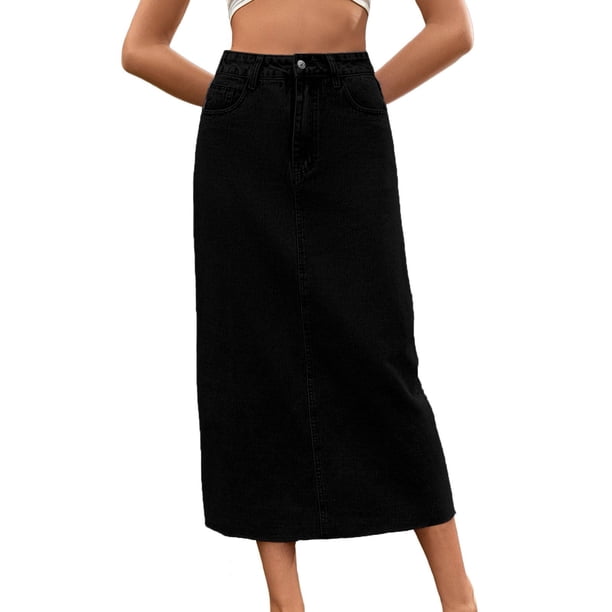 Falda vaquera Prolriy para mujer, estilo europeo y americano, informal, moderna, de cintura alta, fina, de corte acampanado, color negro, talla M