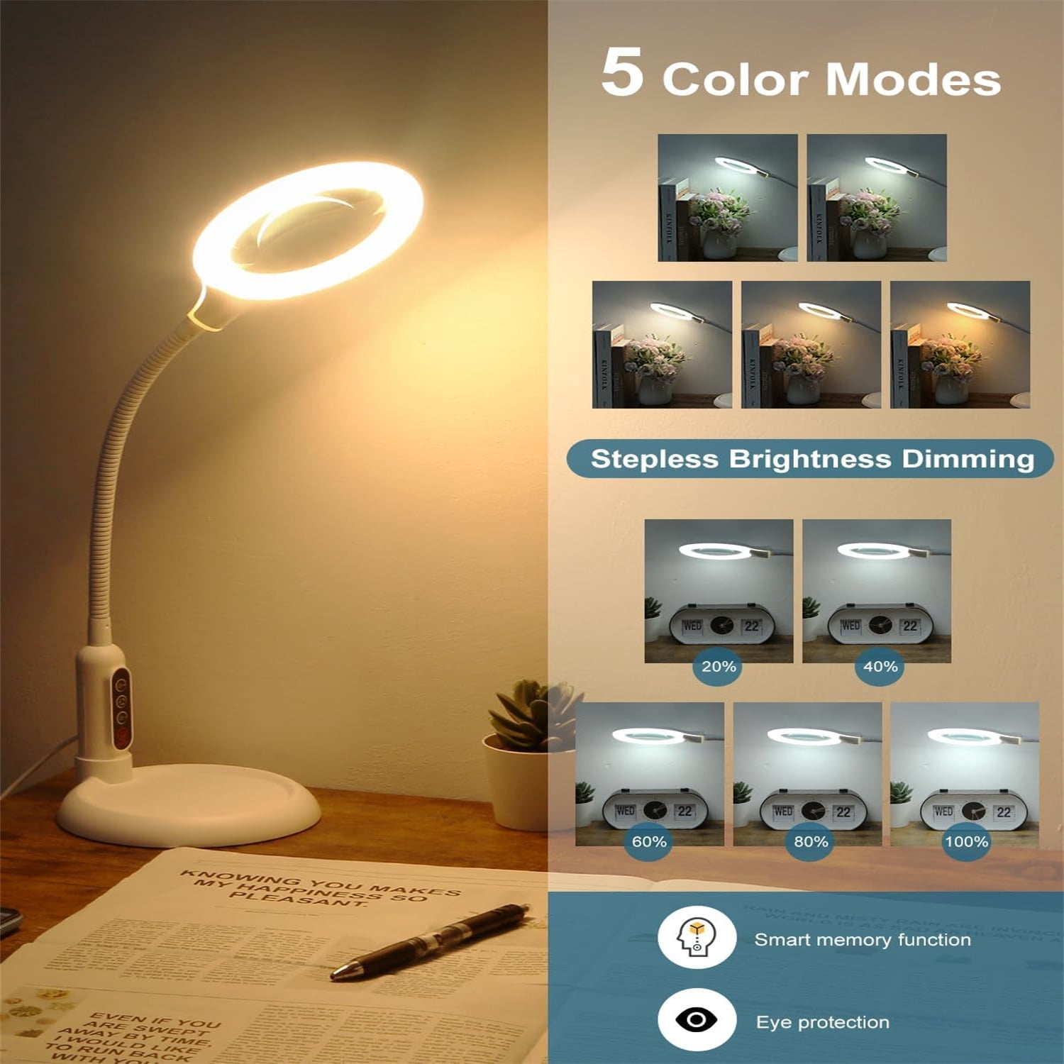 MagnieOpti Lighted Magnifying Glass with Clamp & Stand ,5 Color Modes Stepless Dimming, Hands-Free Flexible Gooseneck LED Lamp  for Craft Reading Repair