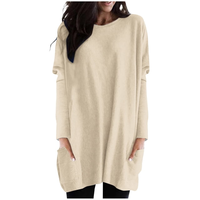 AherBiu Women Tops Trendy Long Sleeve Flowy Shirts Fall Loose Fitted Crewneck Pullover with Pockets