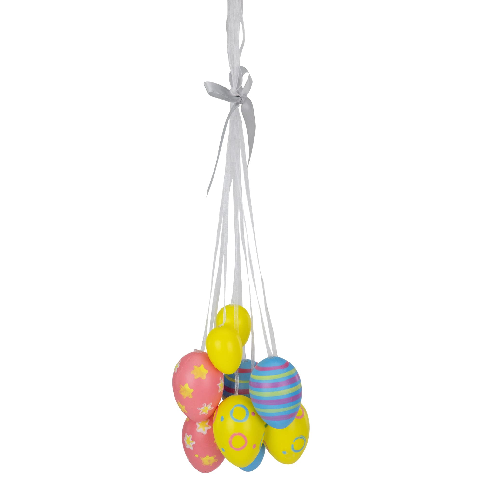 17" Pastel Yellow Blue and Pink Floral Striped Spring Easter Egg Cluster Hanging Decoration