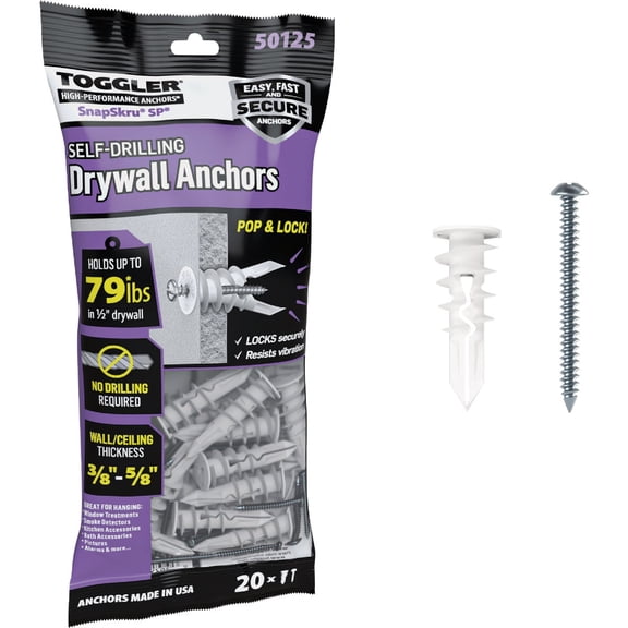 TOGGLER SnapSkru Self-Drilling Drywall Anchor - Hollow Wall Anchor - 20 Pack w/ Screws