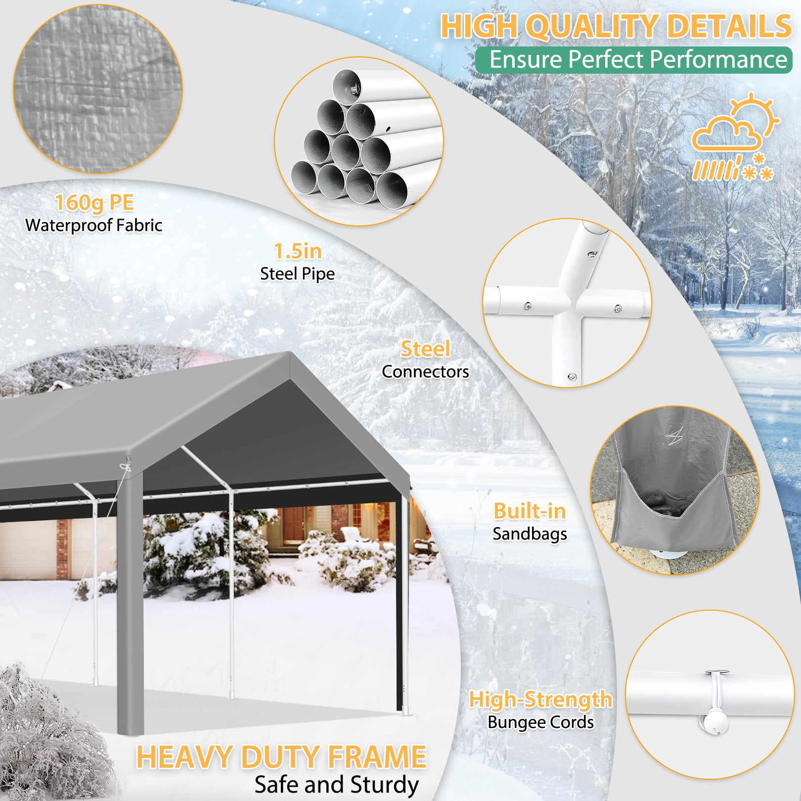 HOTEEL Carport 10'x20' Large Heavy Duty Car Canopy with Steel Frame, Portable Garage Wedding Tent Big Tents Carports Shelter, All-Season Tarp for Outdoor Party Birthday, Gray