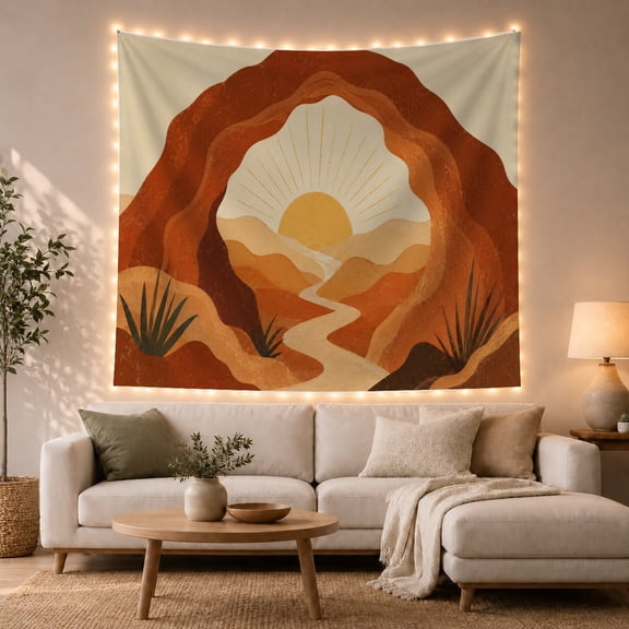 Radiant Sun Over Sandy Hills in a Rocky Arch, Serene Boho for Southwest Decor Enthusiasts, Graphic Earth Tones Art, Housewarming Gift, Tapestry Wall Hanging for Living Room and Bedroom