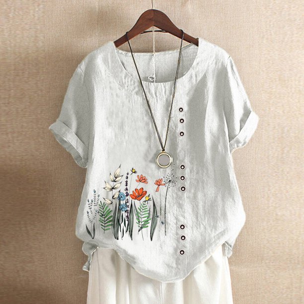 Puntoco Mujeres Vintage Flores Imprimir O-Cuello Camiseta Pullover Casual Botones tops Puntoco Puntoco-6310