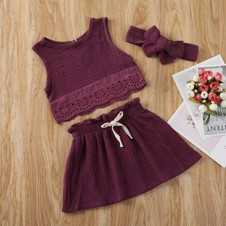 

Newborn Girl Sleeveless Top+Skirt+Bowknot Headband Outfit Set Party Casual Wear