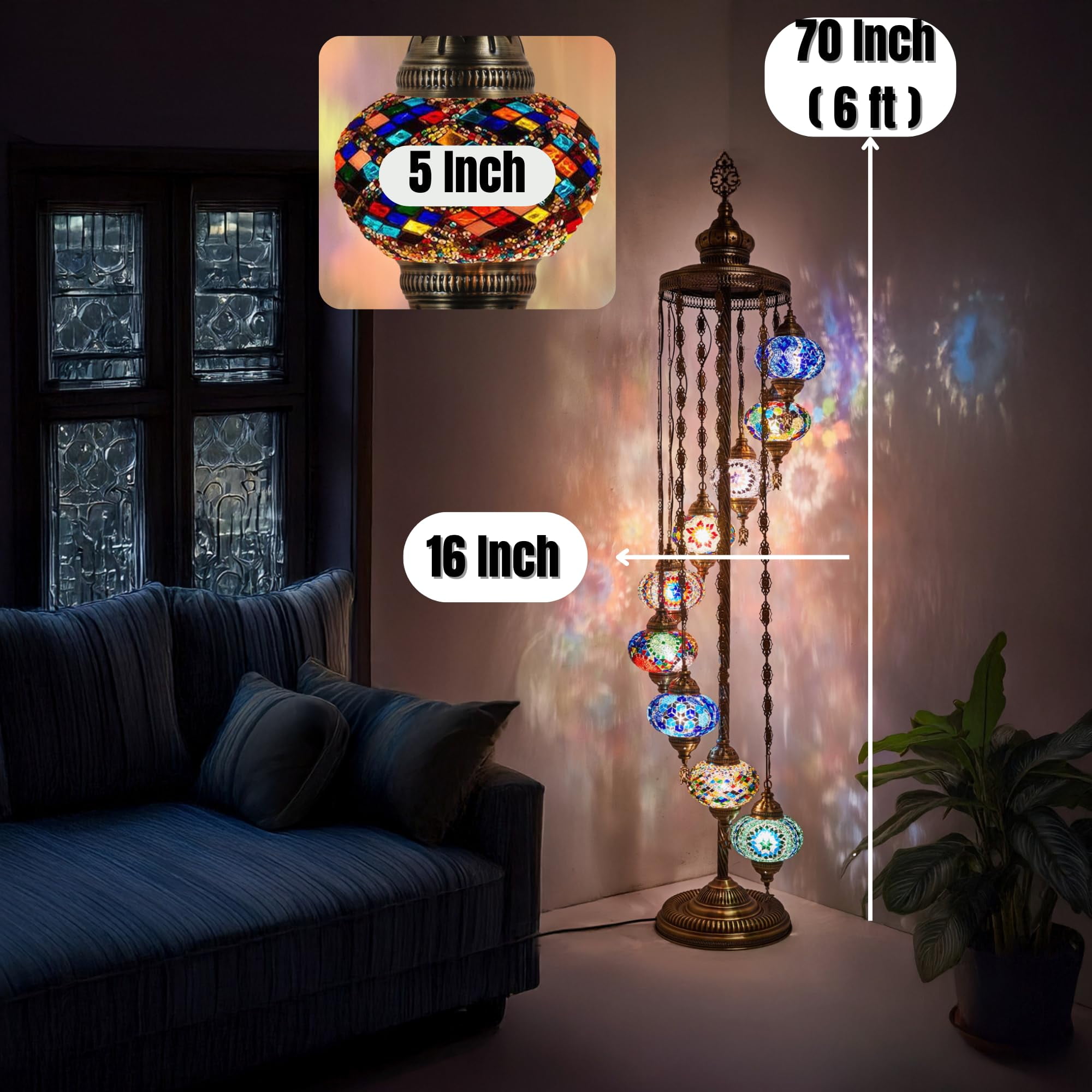 DEMMEX 9-Globe Turkish Moroccan Mosaic Floor Lamp, 6ft Handmade Bohemian Standing Light, Tall Tiffany-Style Decorative Lamp with Mosaic Glass Globes – Handmade in Turkey (Multicolor)