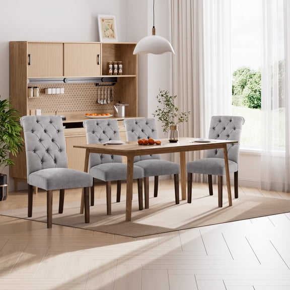 EOP Upholstered Dining Chairs Set of 4, Parsons Fabric Kitchen Chairs with Padded Seat, Button Tufted Armless Dining Side Chairs with Wood Legs, Light Gray