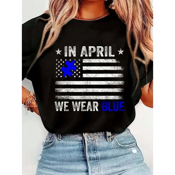 Women's Autism Awareness T-Shirt In April We Wear Blue Puzzle Piece American Flag Graphic Tee