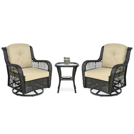 Best Choice Products 3-Piece Outdoor Wicker Patio Bistro Set with 2 360-Degree Swivel Rocking Chairs and Tempered Glass Top Side Table, (Best Chairs Victoria Swivel Glider)