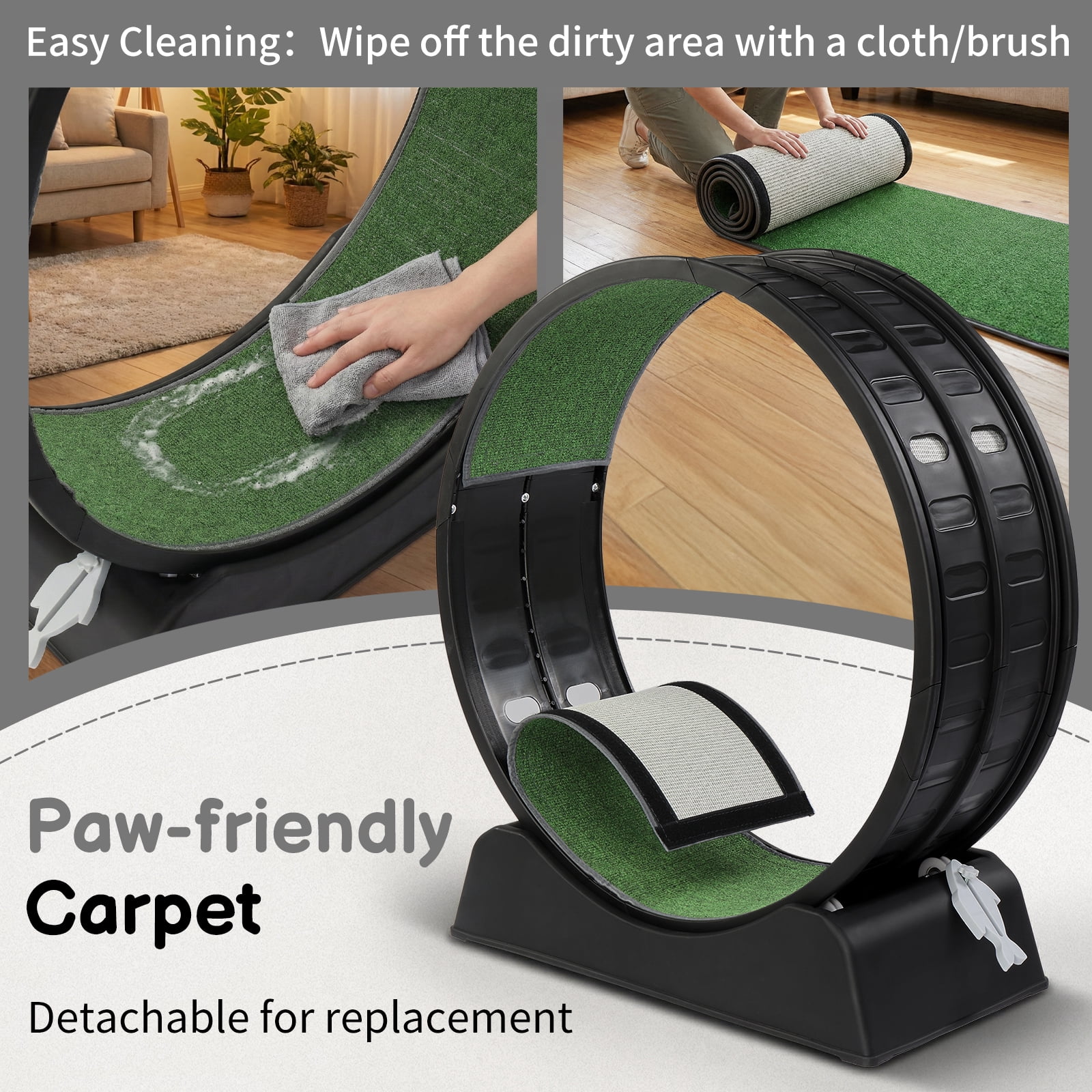 UBesGoo 31.5" Cat Exercise Wheel, Black Indoor Cat Treadmill with Detachable Carpet & Safety Lock
