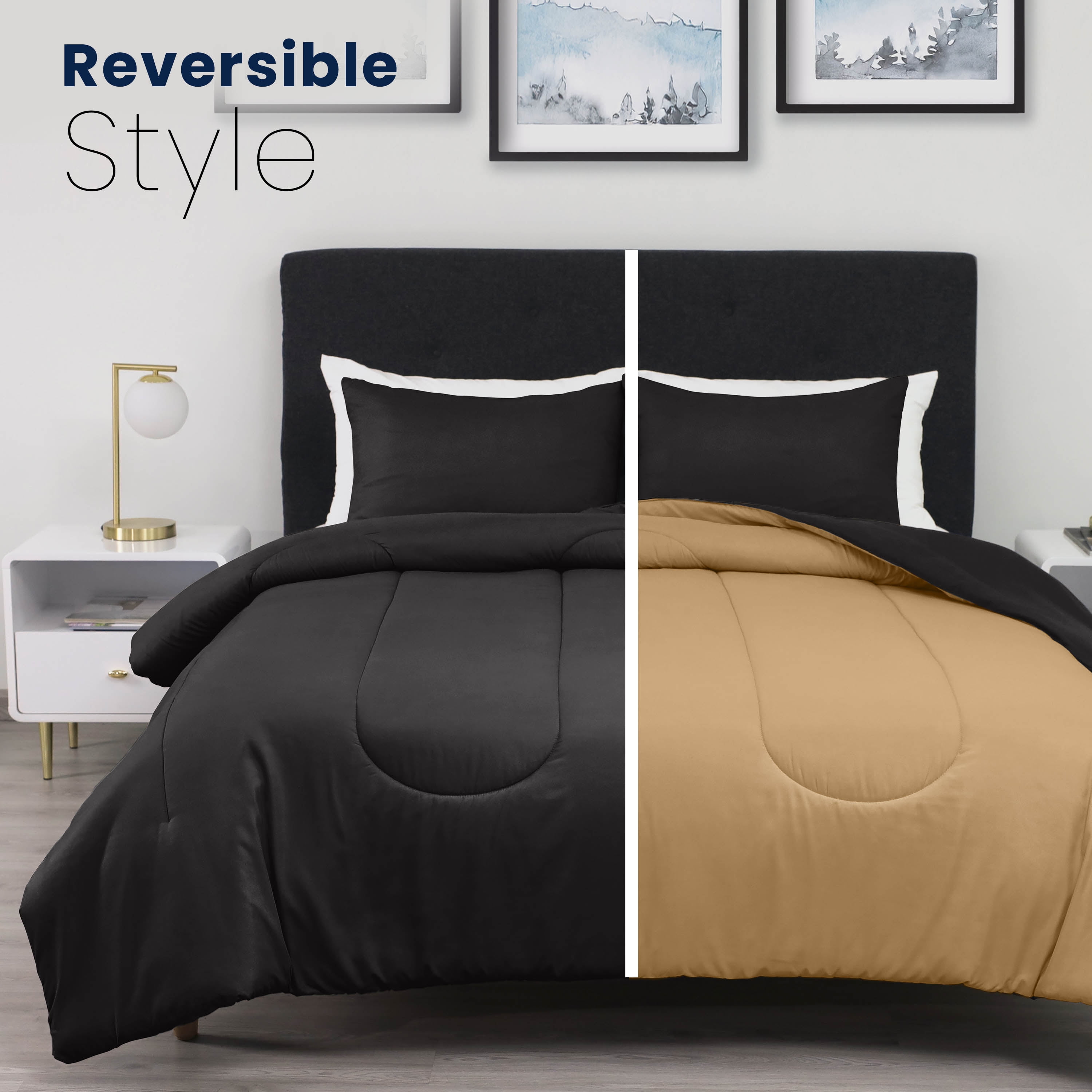 Martex 3-Piece King Reversible Comforter Set | Super Soft Lightweight | Ebony/Khaki
