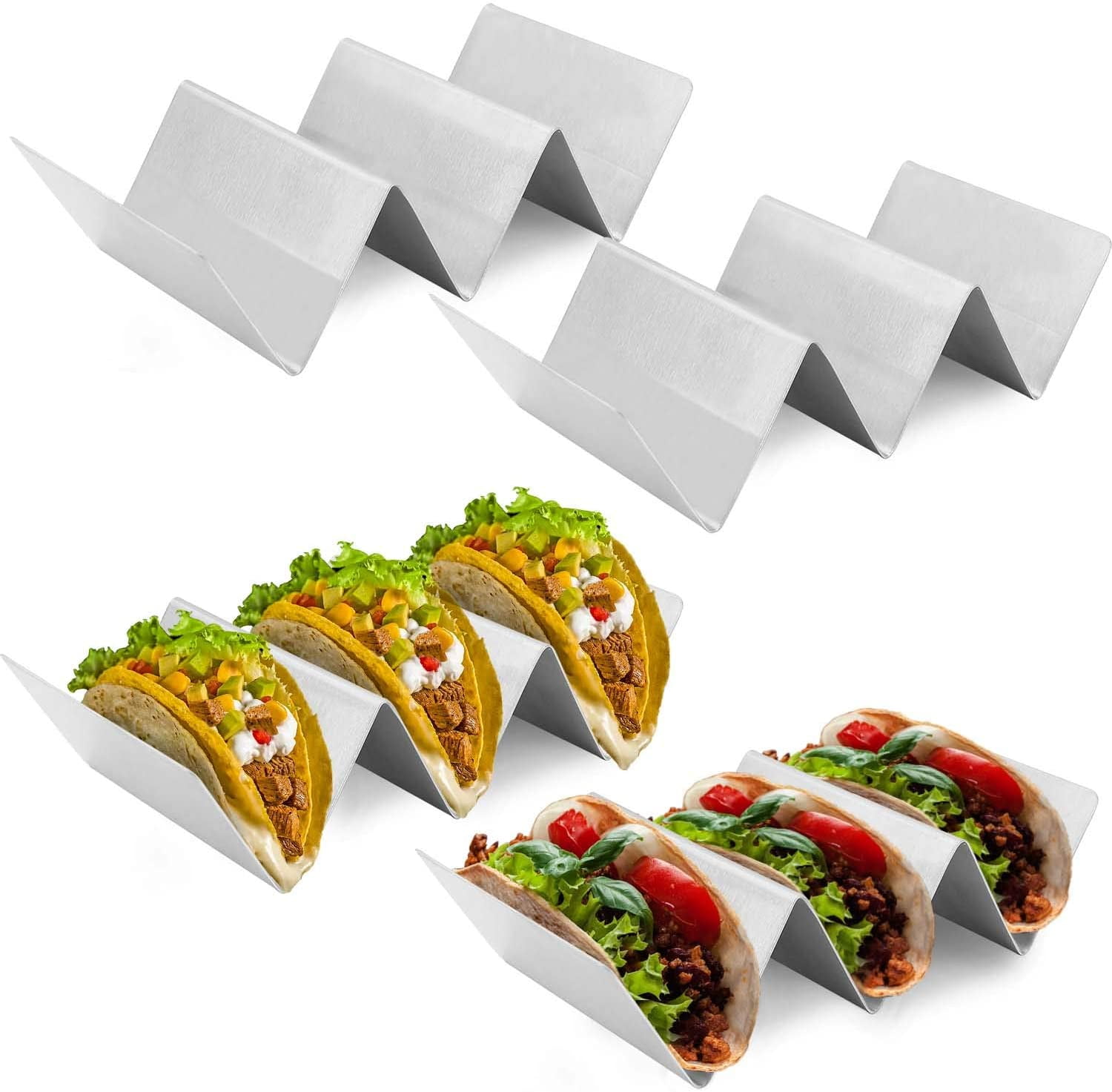 Taco Holders Stainless Steel Taco Stands- Oven & Dishwasher Safe Stackable Trays Racks Hold Soft & Hard Shell Tacos Silver, 3