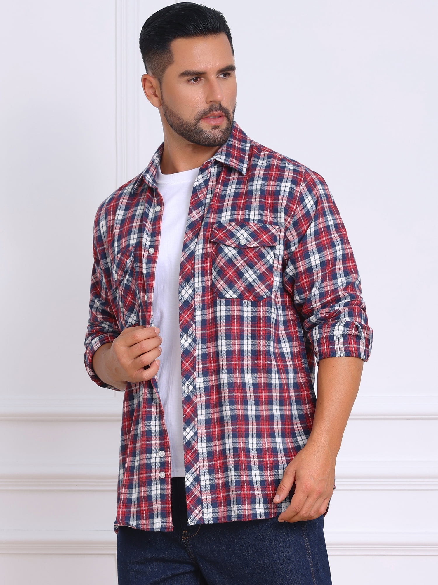 DARING DIVA Men's Contrast Color Slim Fit Long Sleeved Button Down Shirts S Red Navy