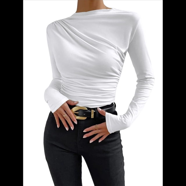Camiseta Informal de Larga con Cuello Alto y Fruncido para Mujer, Corte Entallado y Color Liso S