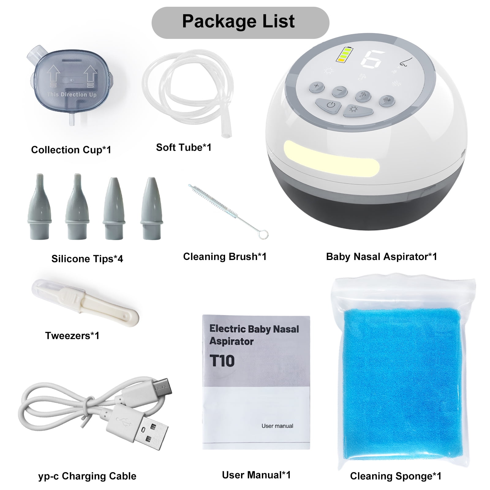 Baby Nasal Aspirator, Rechargeable Nose Sucker with 6 Level Suction and 4 Silicone Tips for Infants Kids, Gray