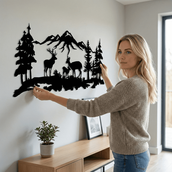 Deer Family Metal Wall Art for Home and Outside - Wall-Mounted Geometric Metal Wall Art - Drop Shadow 3D Effect Wall Decoration for Living Room Bedroom
