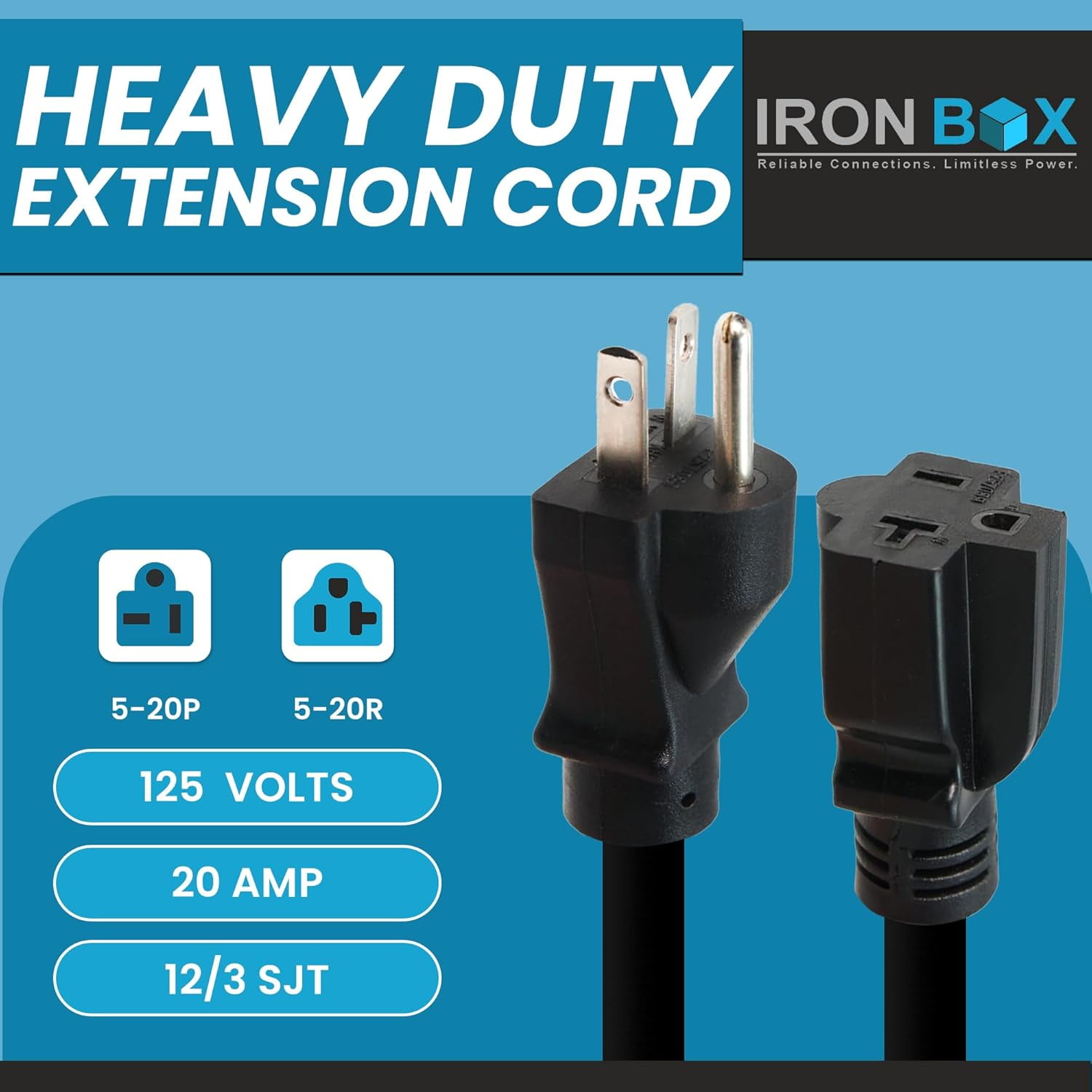 IronBox Electric NEMA 5-20P to 5-20R Extension Cord - 20A, 125V,12/3 SJT Jacket - Heavy Duty Outdoor Generator Cords & Plugs - UL Listed Extension Cable for Data Centers, Camper & More (6 ft,Molded)