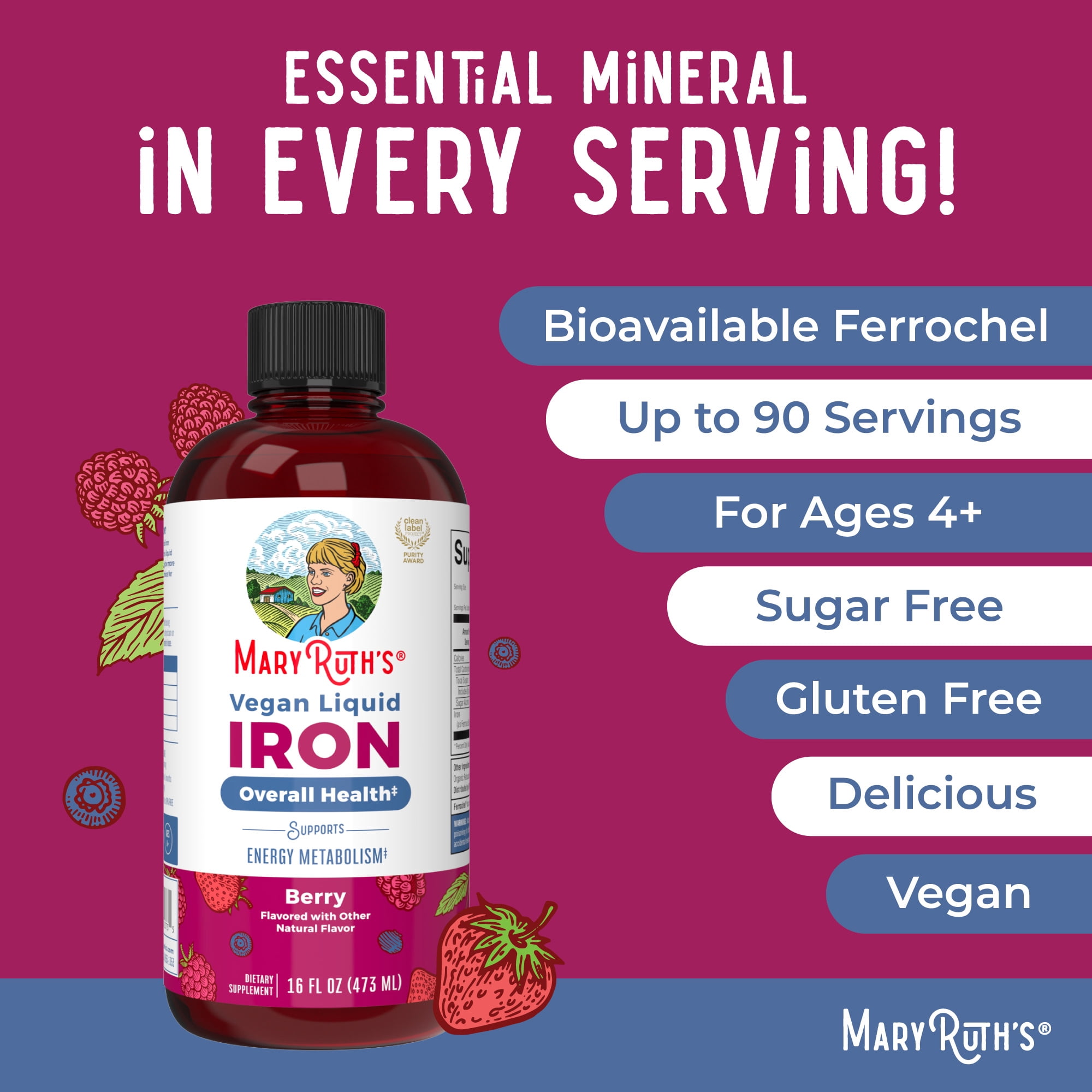 MaryRuth's Vegan Liquid Iron Berry Mineral Supplement, Cellular Overall Health, Unisex, Ages 4+, 16 fl oz