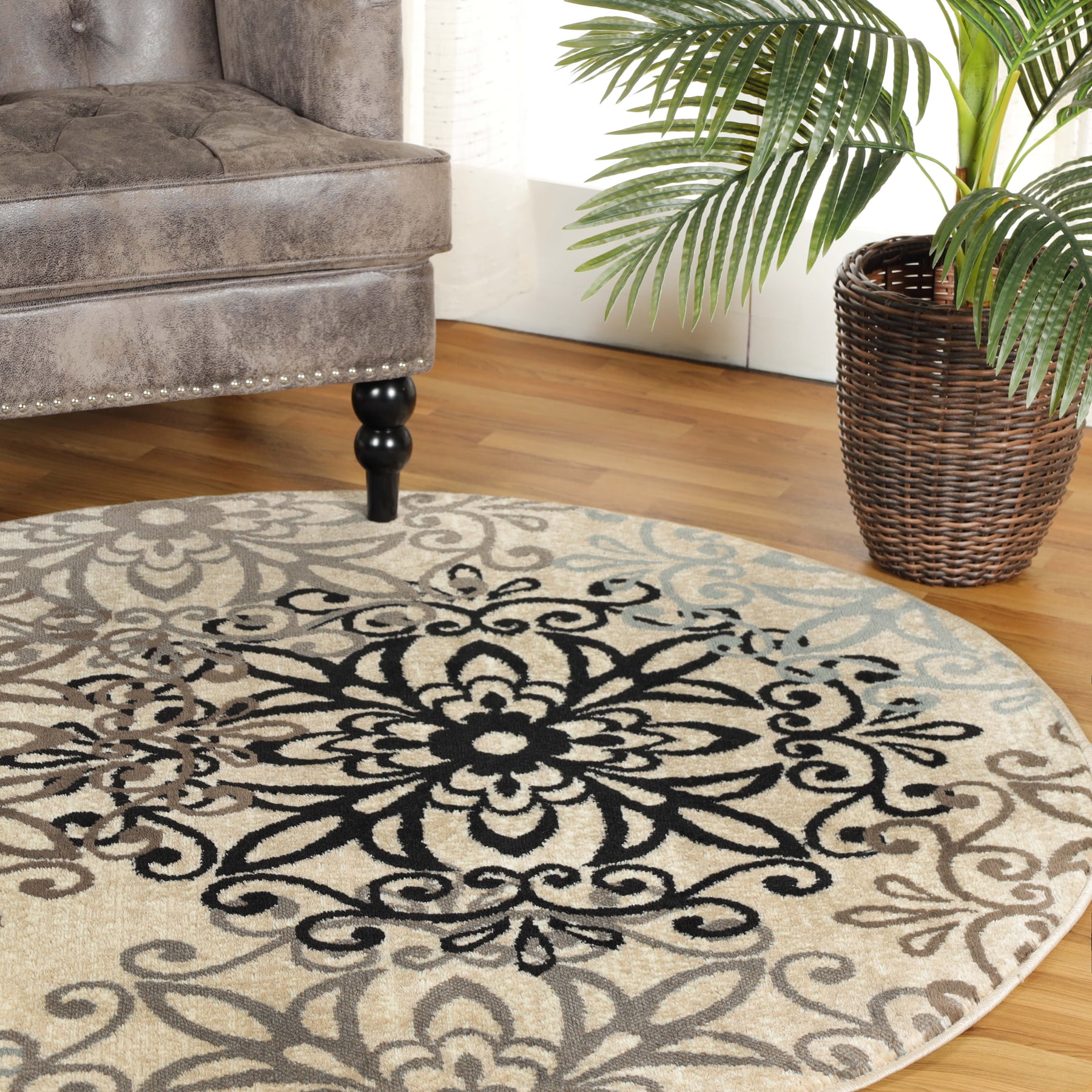 Superior Modern Floral Scroll Pet and Kid-Friendly Indoor Area Rug, 5' Round, Multi-Colored