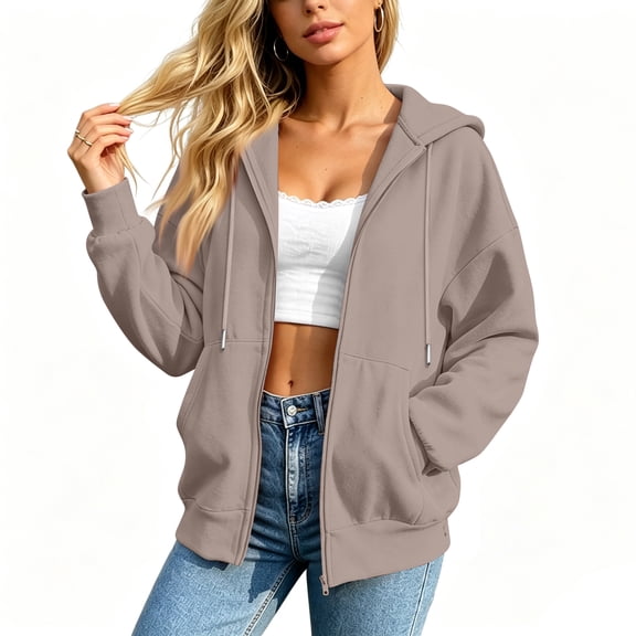 Resicozy Women Oversized Full Zip Hoodie Long Sleeve Sweatshirts Drawstring Pocket Loose Fall Zip Up Hooded Jacket Light Brown S