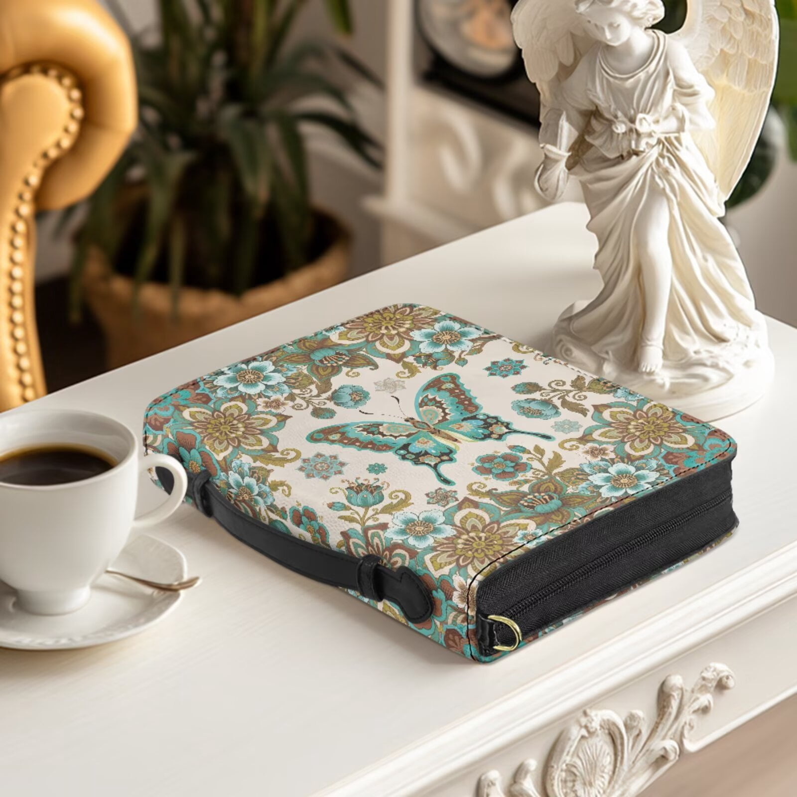 Kuiaobaty Butterfly Boho Mandala Print Bible Bag for Women Men Christian Leather Bibles Covers with Bookmark Portable Church Bag Bible Carrying Case with Zipper for Church, Blue