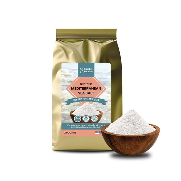 Pacific Pelican Iodized Mediterranean Sea Salt – 2 Pounds – Fine Grain, Natural, Pure Sea Salt for Cooking, Seasoning & Wellness