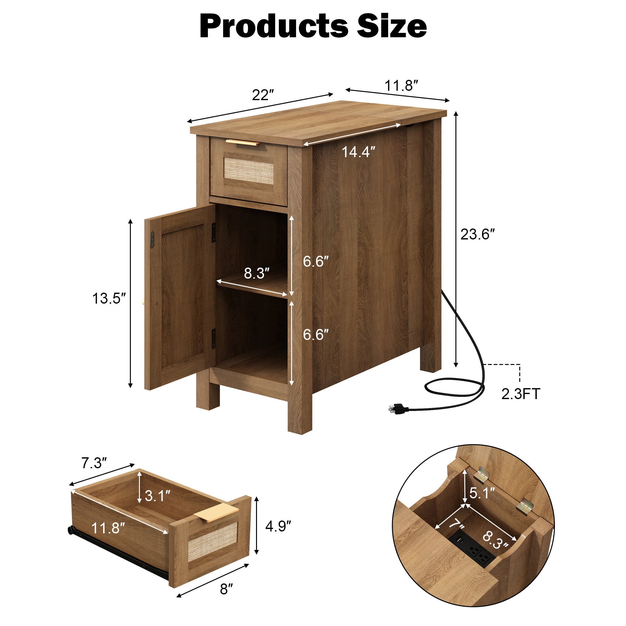 Narrow End Table with Charging Station, Small Side Table with Storage, Rattan Nightstands for Living Room Bedroom