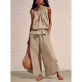 thumbnail image 4 of Women's Linen 2 Piece Outfits Sleeveless Ruffle Top Wide Leg Pants Summer Loungewear Beach Sets Khaki XL, 4 of 8