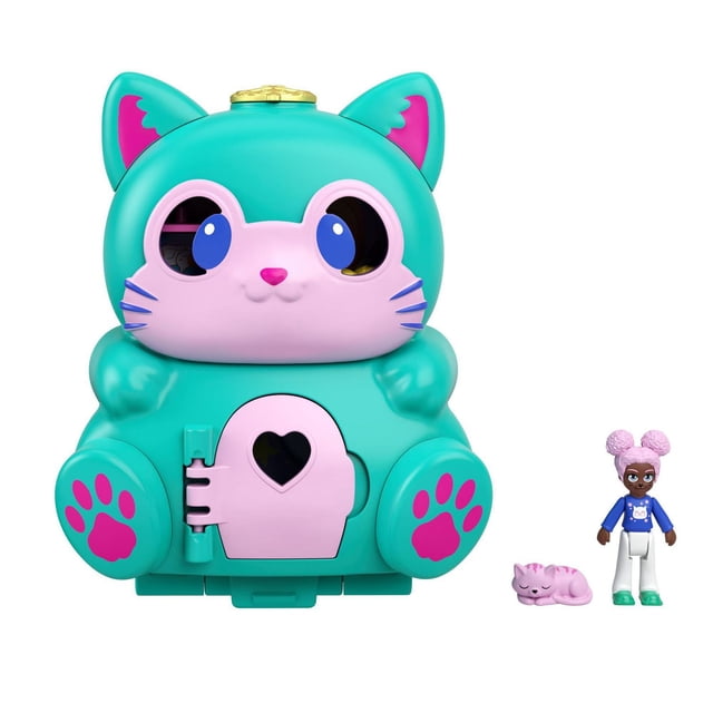 Polly Pocket Flip & Find Cat Compact shaped like a teal cat with pink paw prints and a heart-shaped pink door on its belly, including a micro doll with pink hair and a blue shirt, and a small pink cat figure, ideal for imaginative dollhouse play.