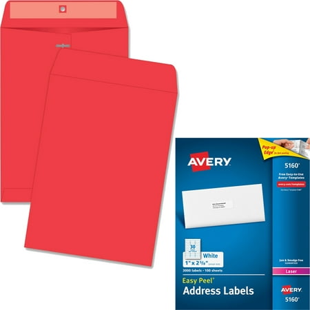 Quality Park Brightly Colored 9x12 Clasp Envelopes and Avery Easy Peel Laser Address Labels, 1 x 2-5/8, White, 3000/Box